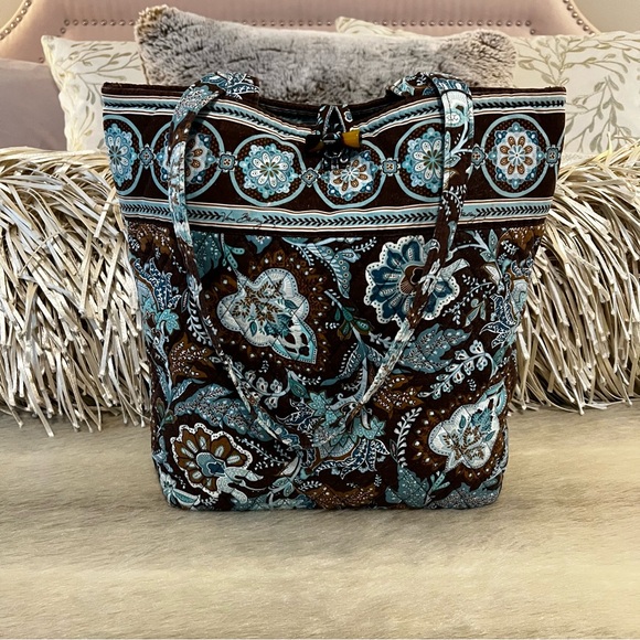 Vintage VERA BRADLEY Java Blue 2006 Medium Toggle Tote Brown Floral Y2K Handles - Picture 1 of 11